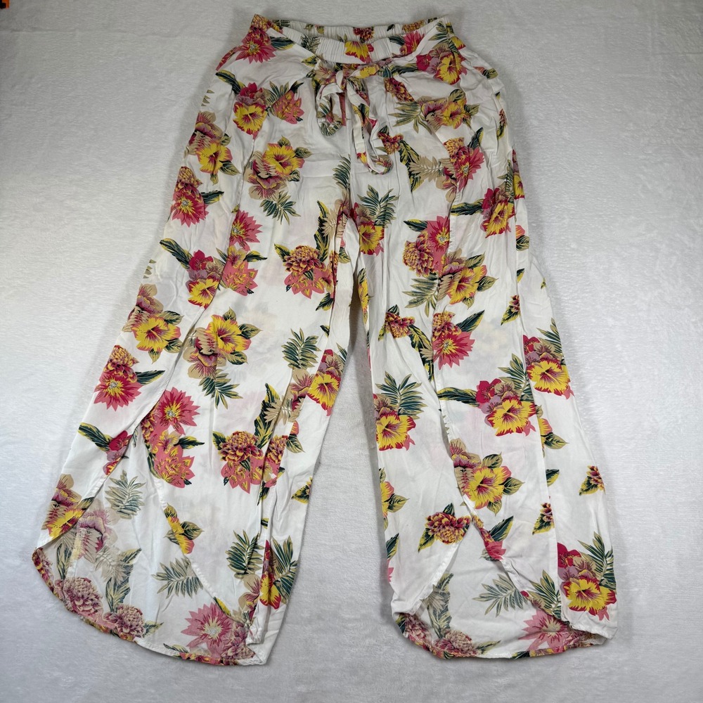 Salty Lemon Floral Wide Leg Tulip Hem Pants White Pink Yellow Large Tropical